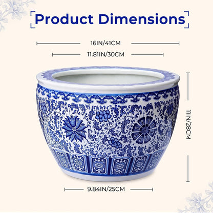 Blue and White Fishbowl Planter, 16 Inch