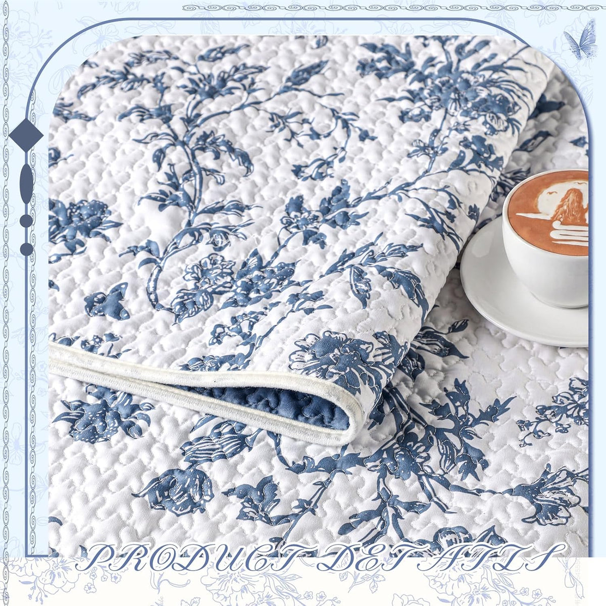 Blue Floral Quilted Throw Blanket, 50 x 60 Inch