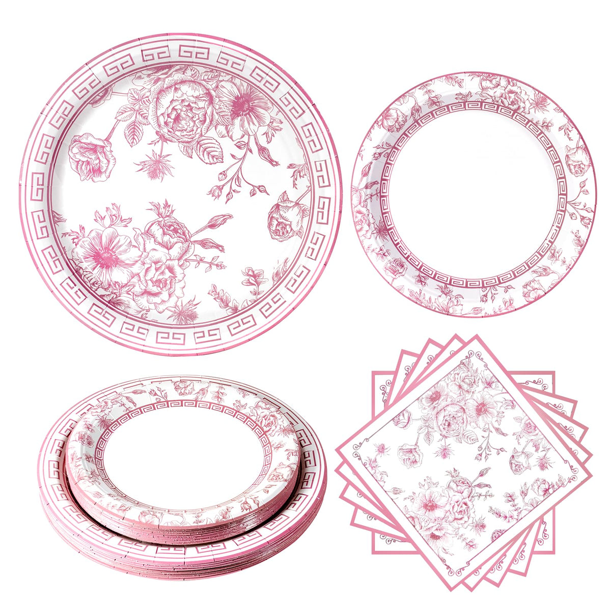 Blue and White Floral Paper Plates and Napkins, Serves 20