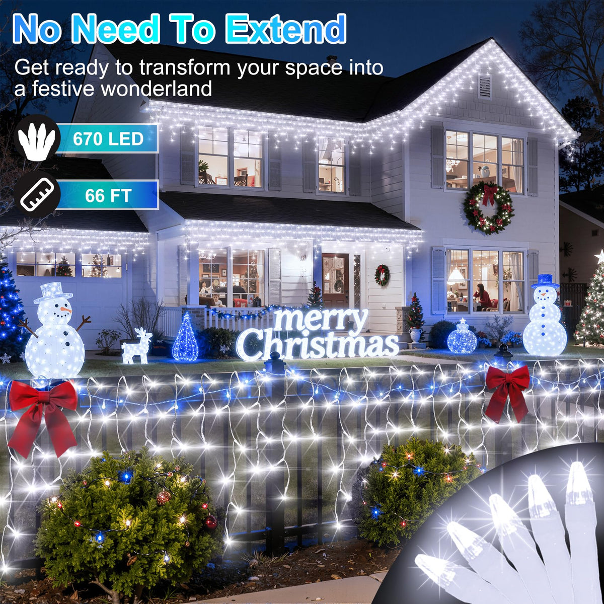 Blue and Cool White Icicle Lights, 164 ft