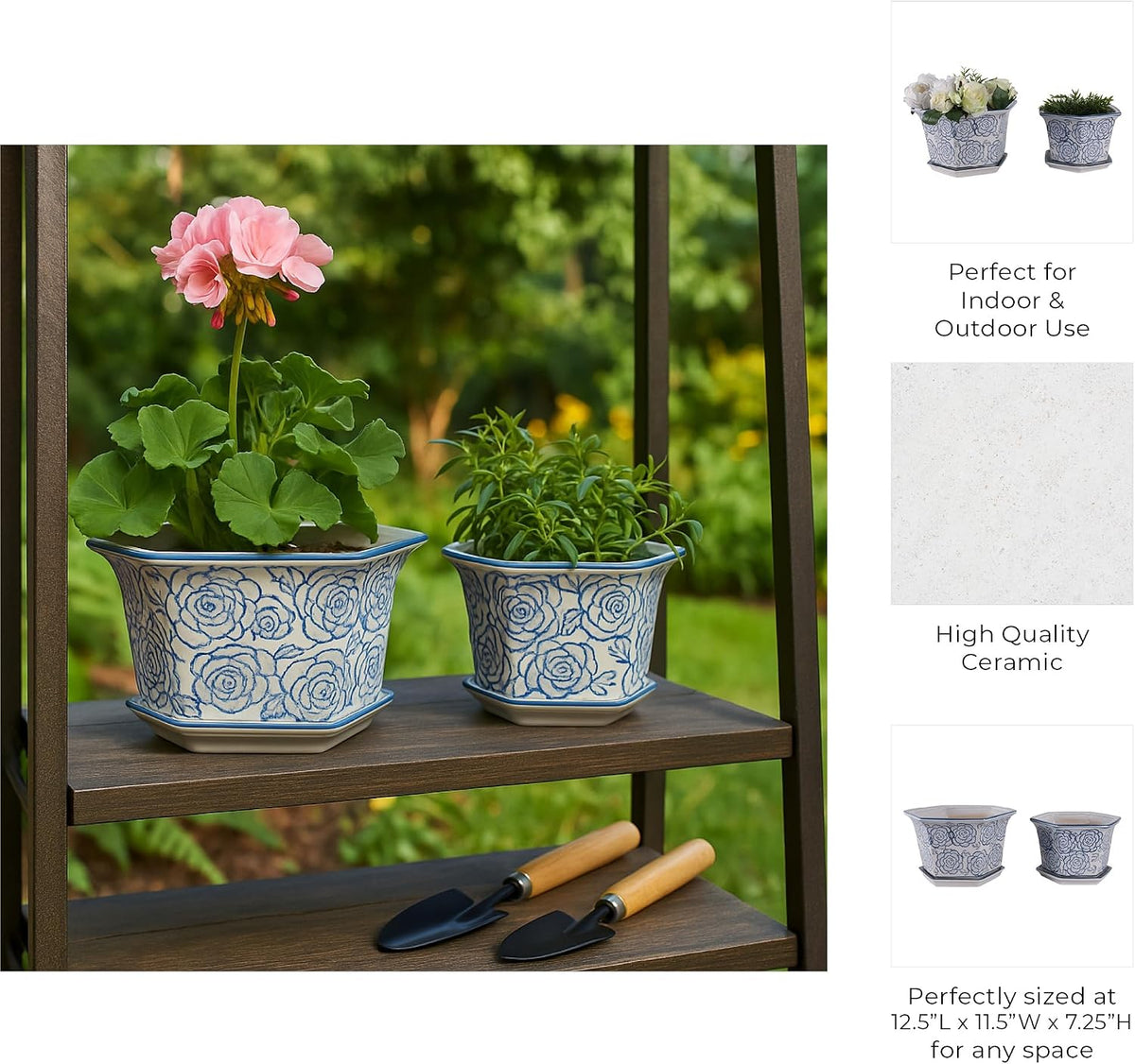Blue and White Chinoiserie Planters with Saucers, Set of 2