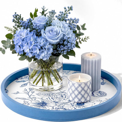 Blue Chinoiserie Round Wooden Tray, 11.8 Inch