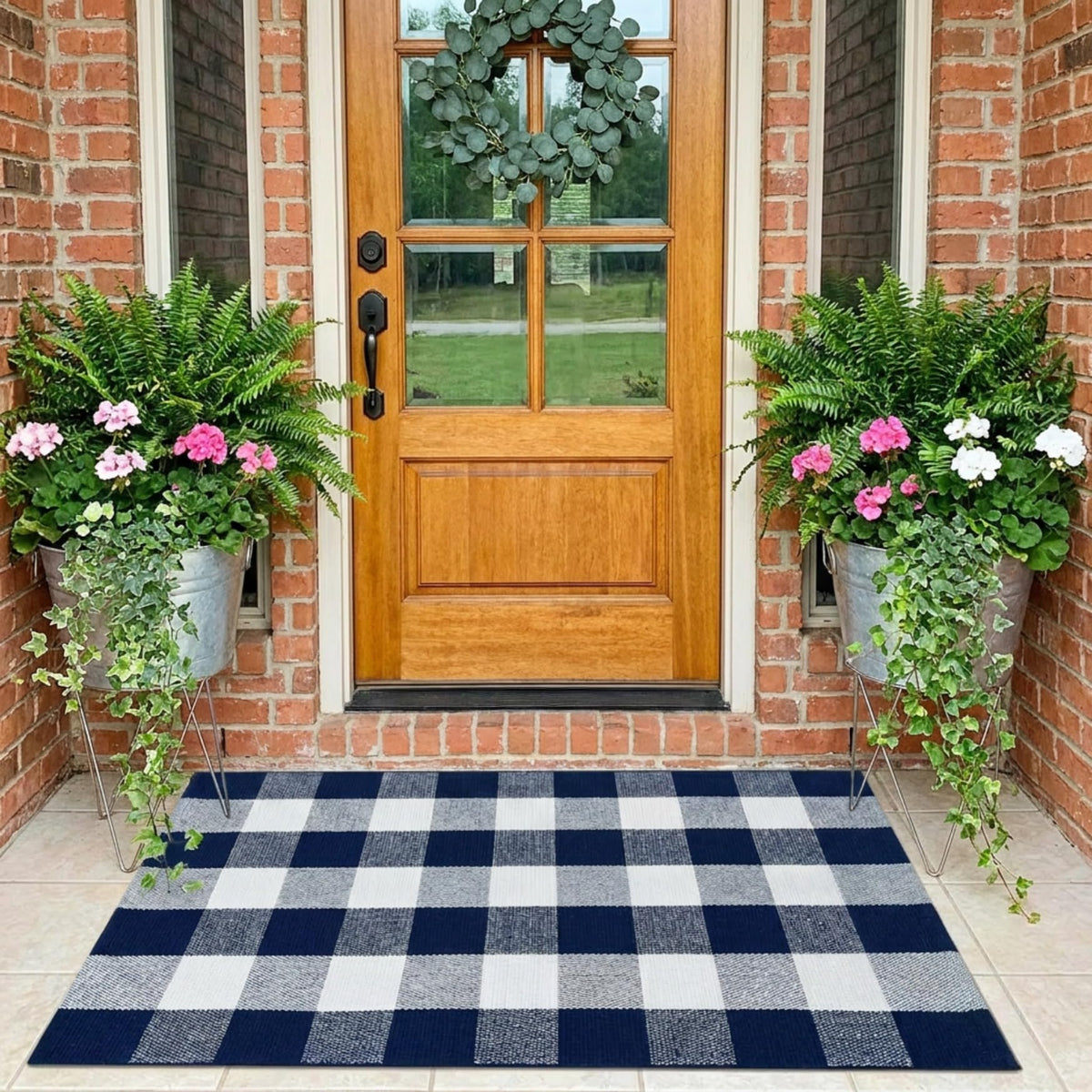 MUBIN Blue White Plaid Cotton Rug, 27.5x43