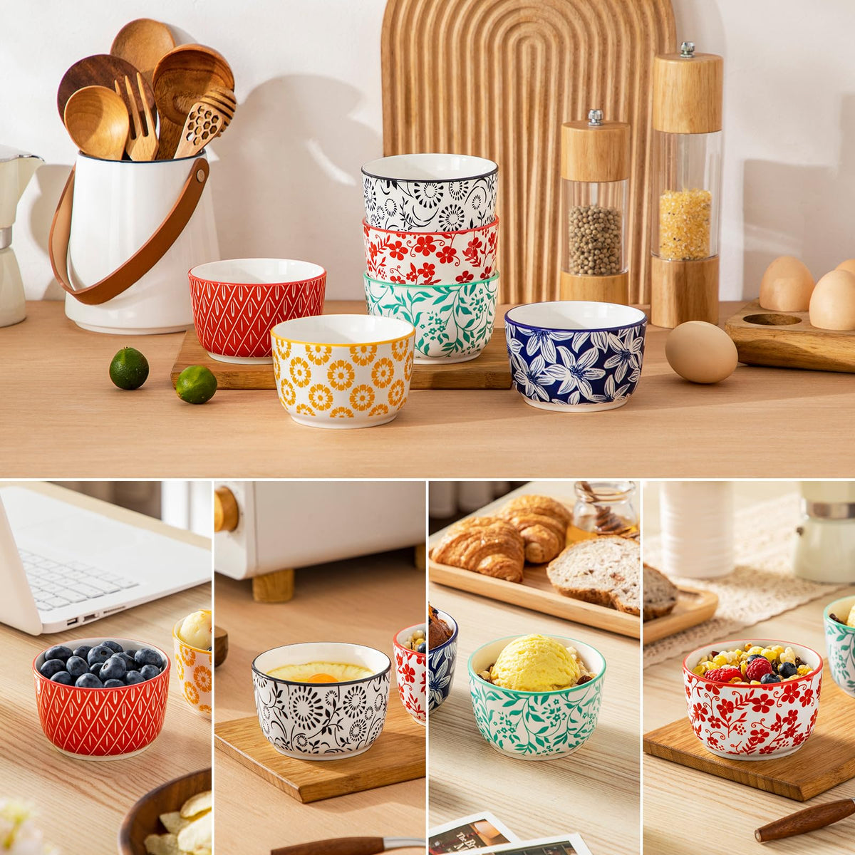 Floral Ceramic Ramekins, Set of 6