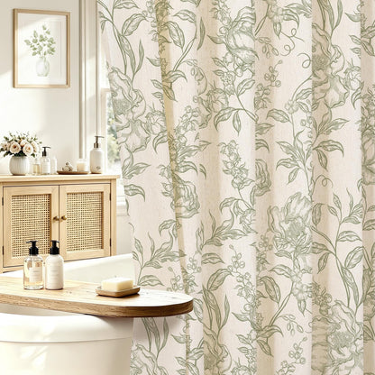Blue Floral Linen Blend Shower Curtain