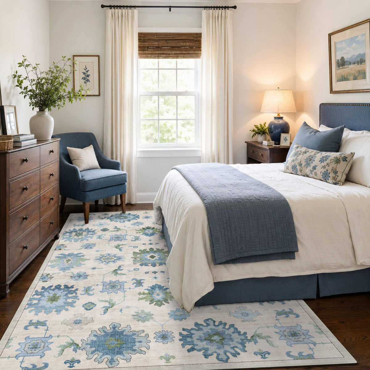 Washable Area Rug, Delft Blue Vintage Floral