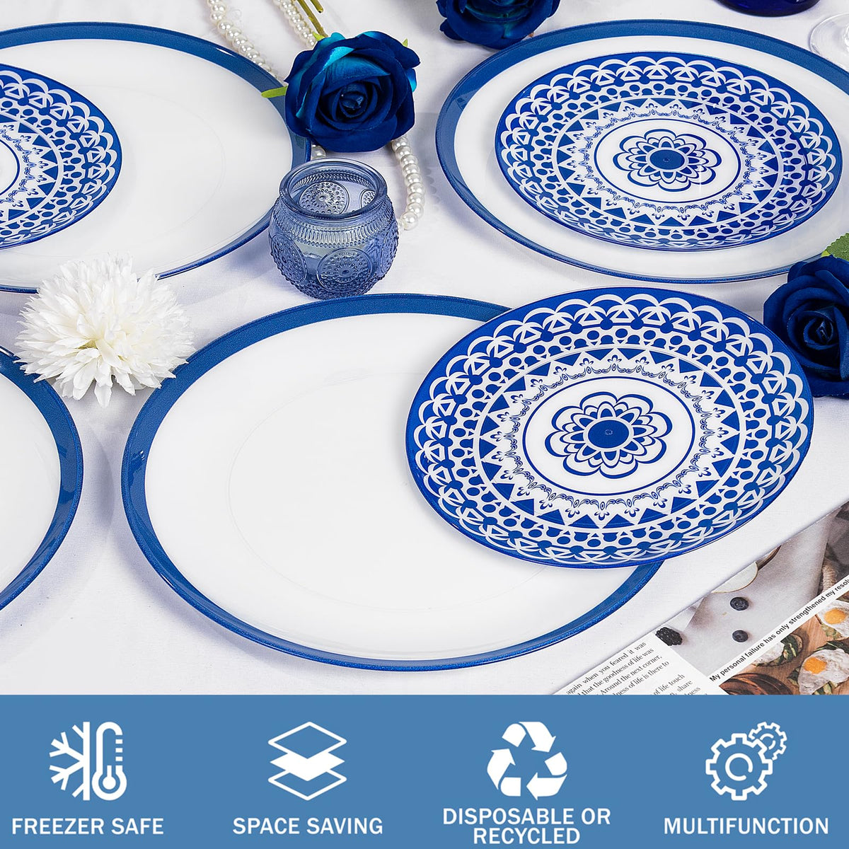 Blue Floral Plastic Plates, 60 Pieces