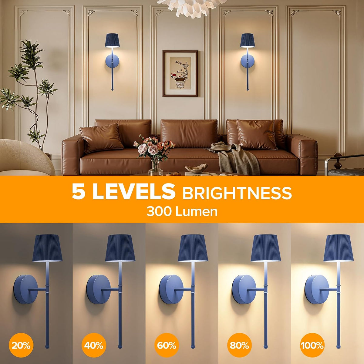Blue Cordless Rechargeable Wall Sconces, Set of 2