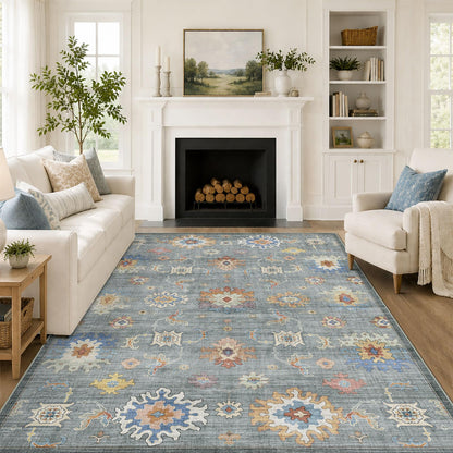 Washable Area Rug, Delft Blue Vintage Floral