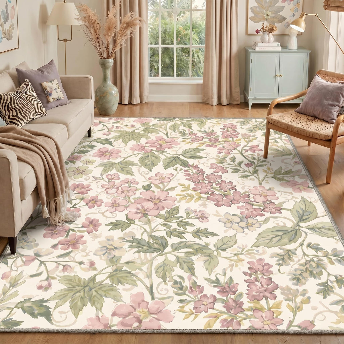 Bavni Dusty Blue Floral Washable Rug