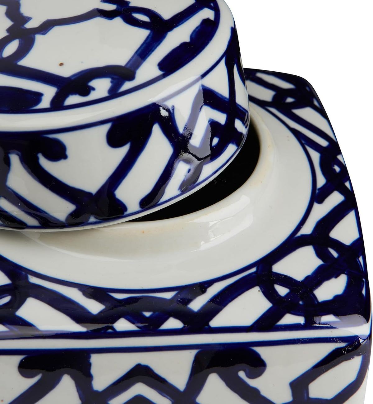 Square Ceramic Ginger Jar with Lid, Blue and White