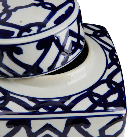 Square Ceramic Ginger Jar with Lid, Blue and White