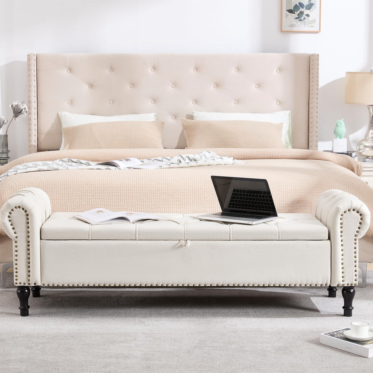 Navy Velvet Tufted Storage Bench
