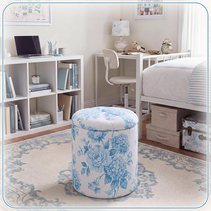 Blue Damask Tufted Round Ottoman, 16 Inch