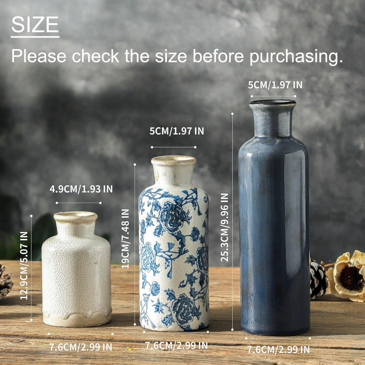 Vintage Blue and White Ceramic Vases, Set of 3