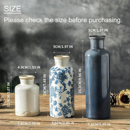Vintage Blue and White Ceramic Vases, Set of 3