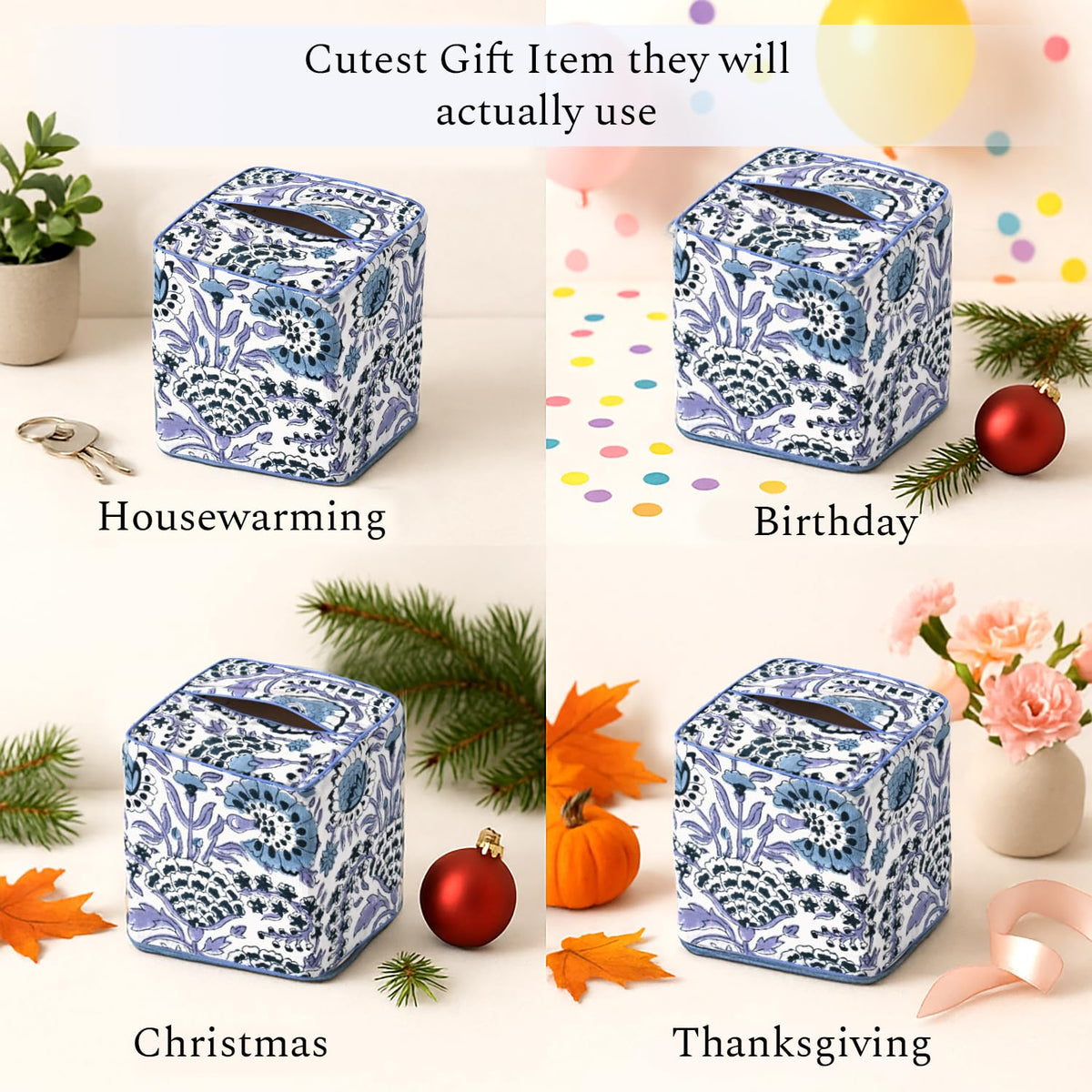 Block Print Cotton Tissue Box Cover, Apatite Blue