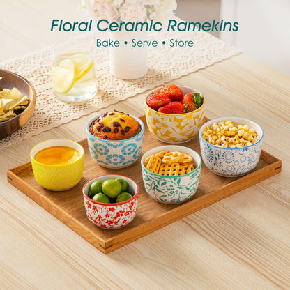 Floral Ceramic Ramekins, Set of 6