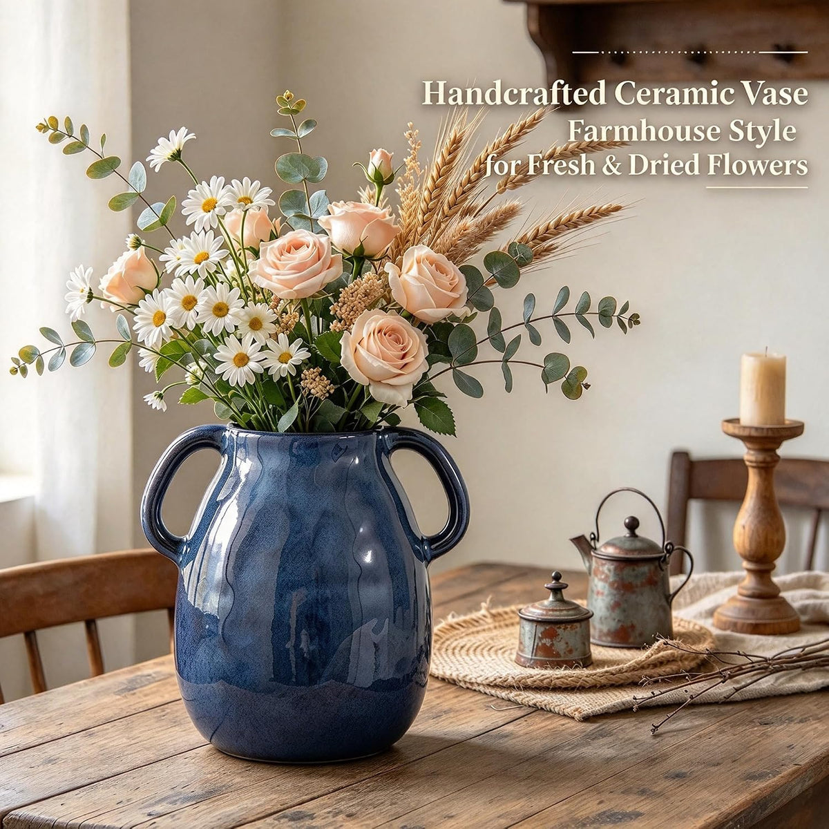 Blue Ceramic Vase with Two Handles