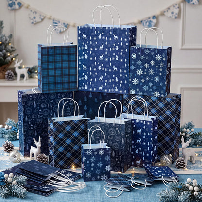 Blue Toile Christmas Kraft Gift Bags, Set of 18