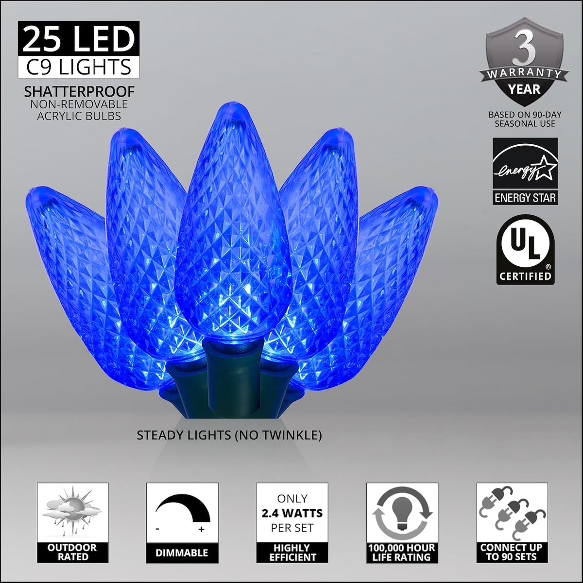 Blue C9 LED Christmas Light Set, 25 Bulbs