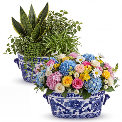 Blue and White Oval Chinoiserie Planters, Set of 2