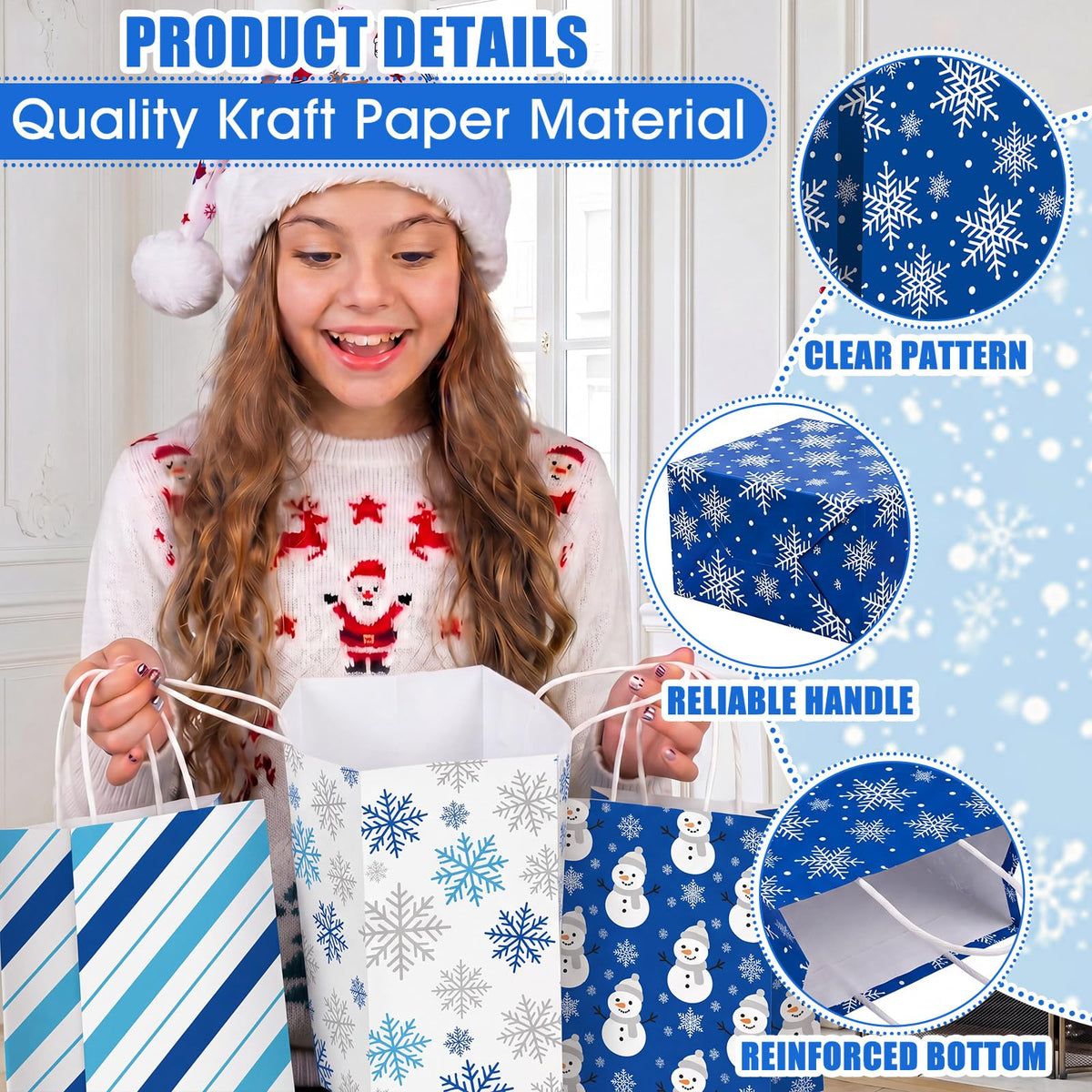 Blue Toile Christmas Kraft Gift Bags, Set of 18
