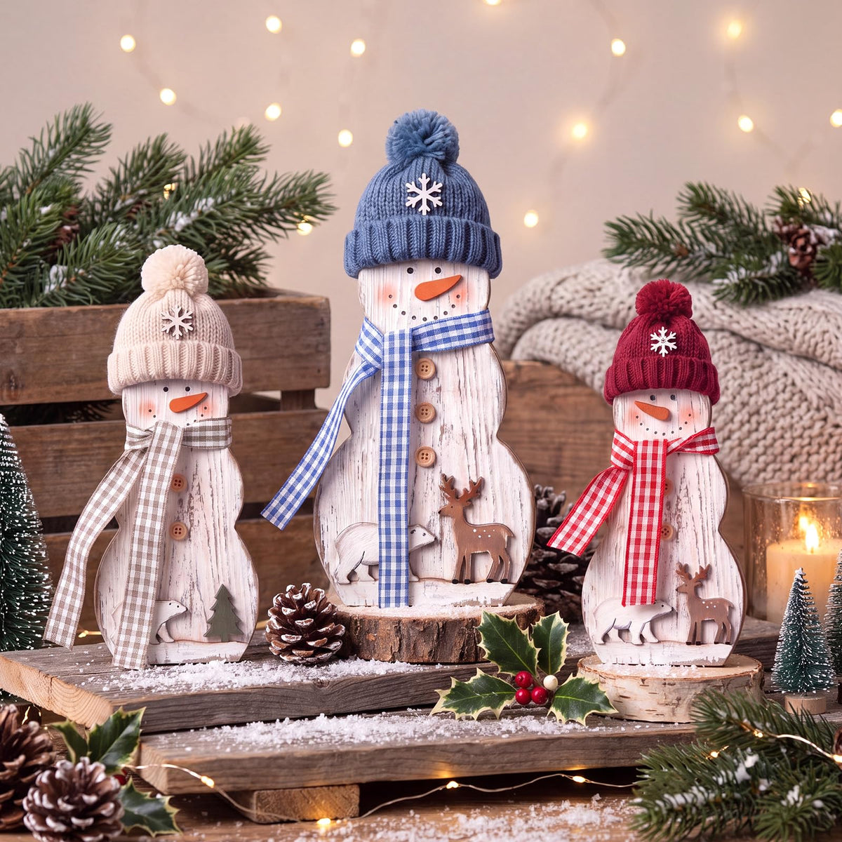 Chinoiserie Wooden Snowmen, Set of 3