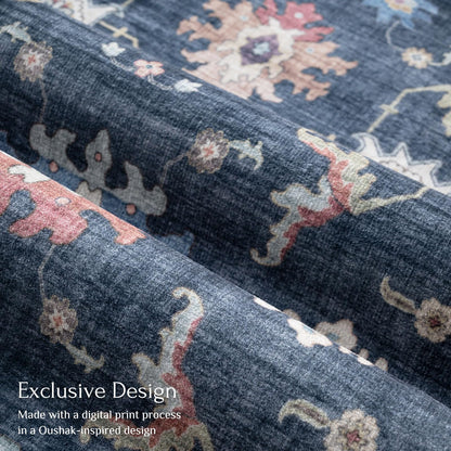 Washable Area Rug, Delft Blue Vintage Floral