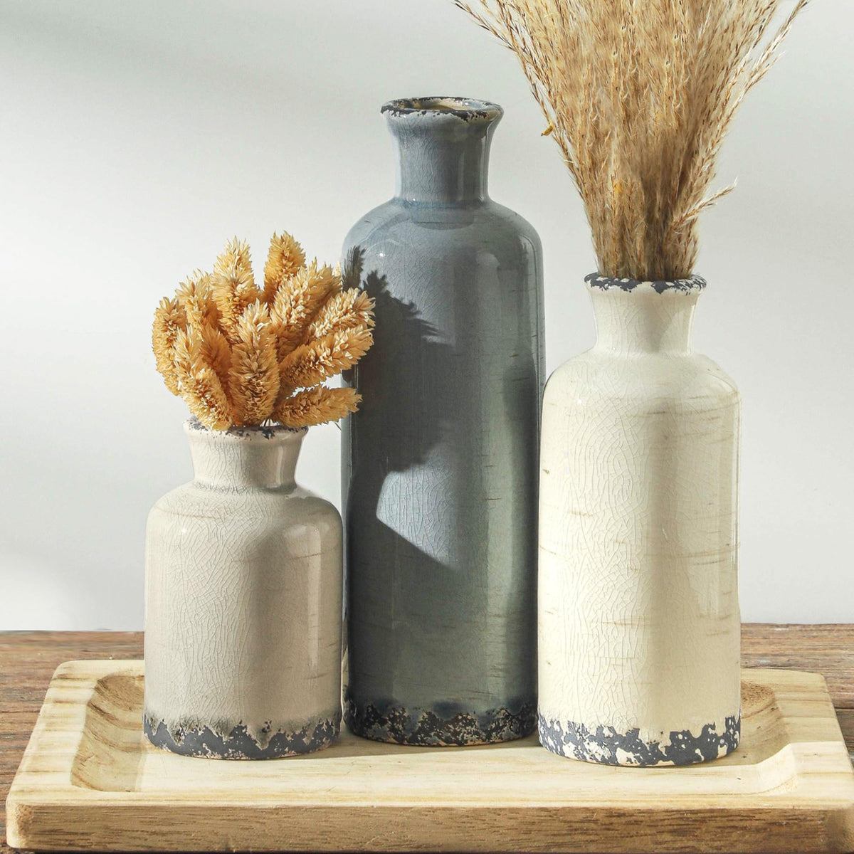 Vintage Blue and White Ceramic Vases, Set of 3