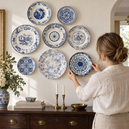Blue and White Ceramic Wall Plates with Hangers, Set of 8