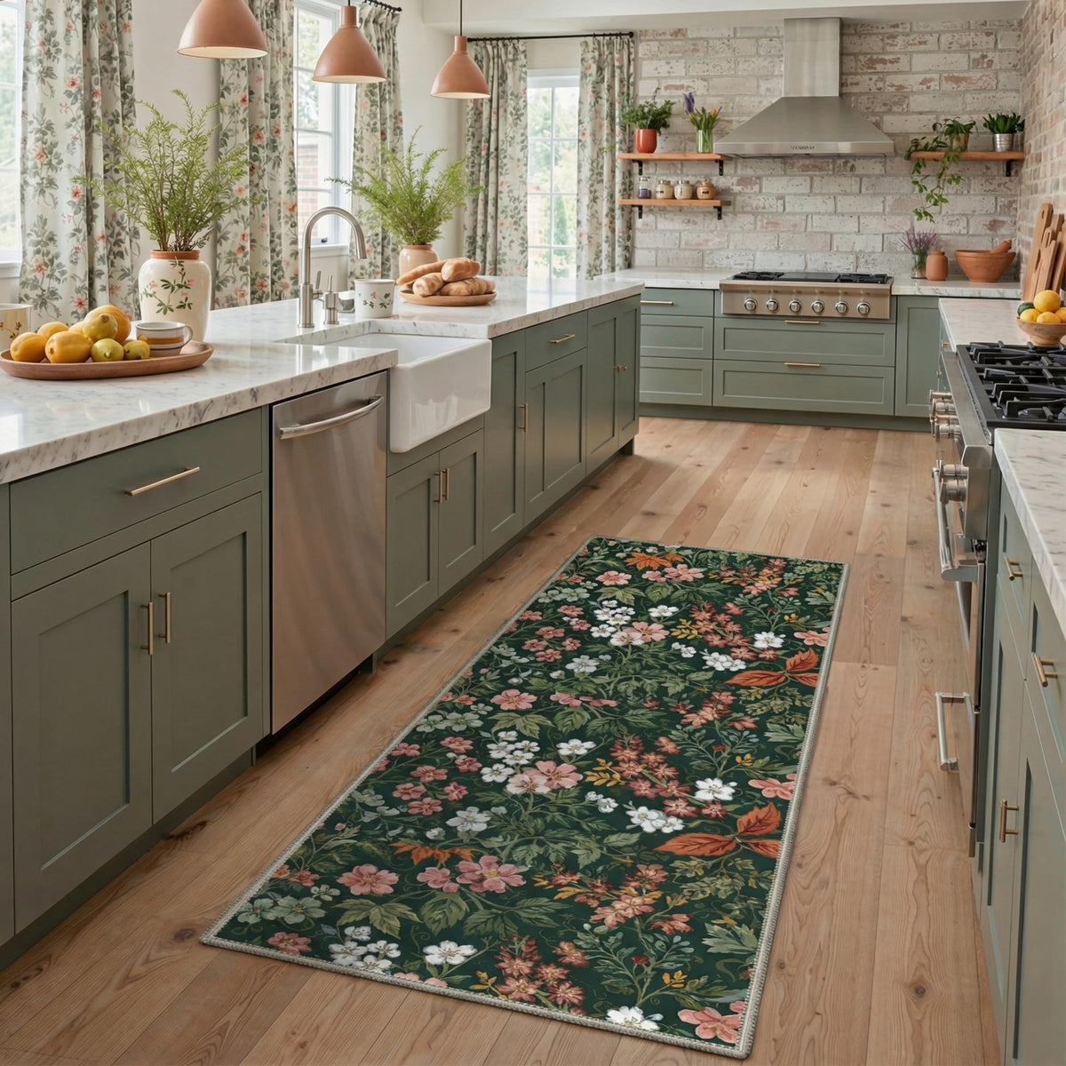 Bavni Dusty Blue Floral Washable Rug