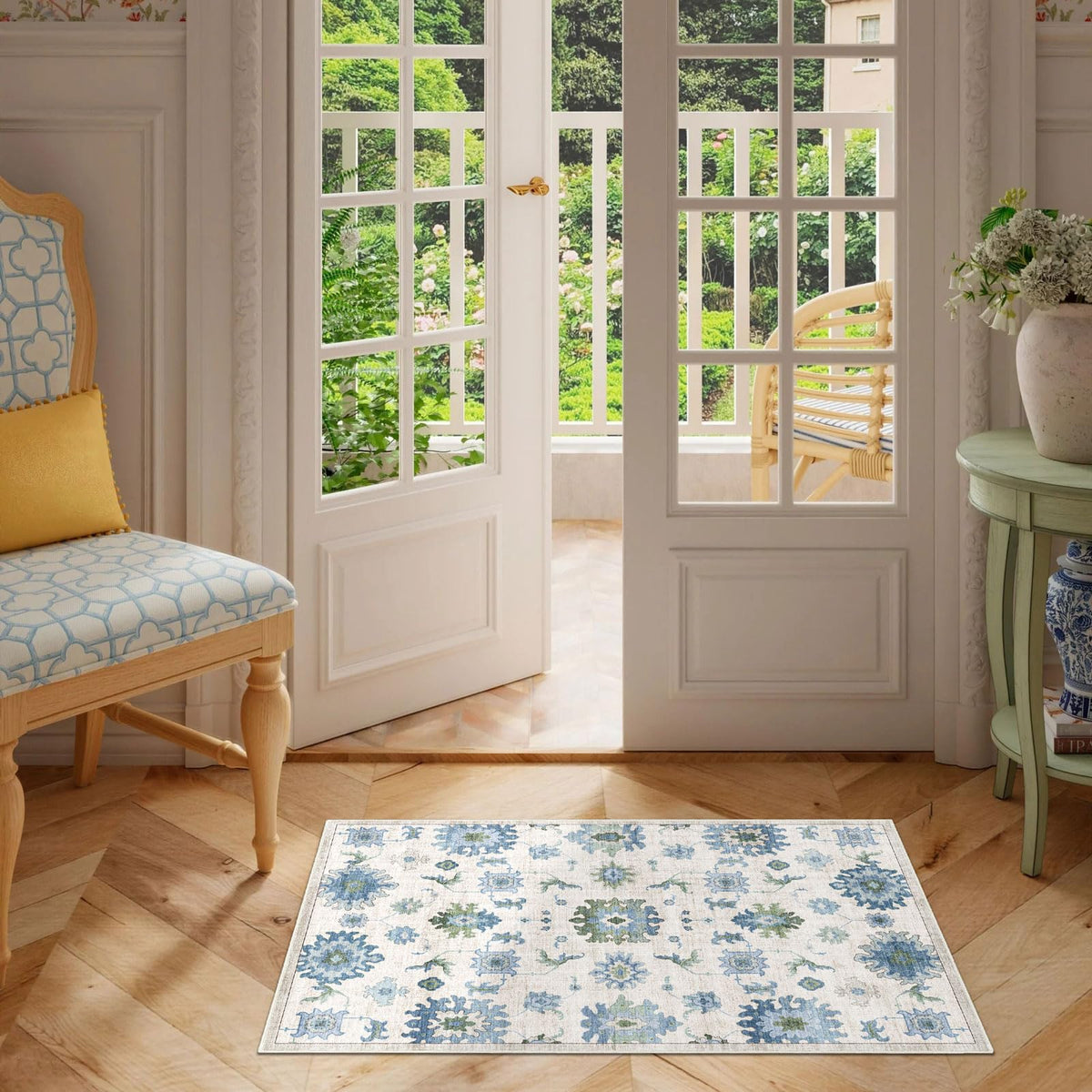 Washable Area Rug, Delft Blue Vintage Floral