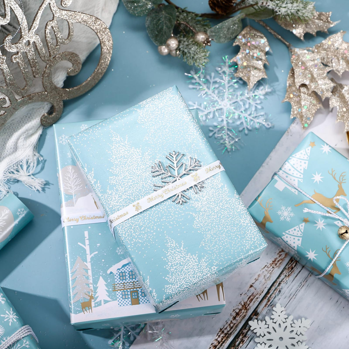 Christmas Wrapping Paper Rolls, Blue and Silver, 4 Rolls