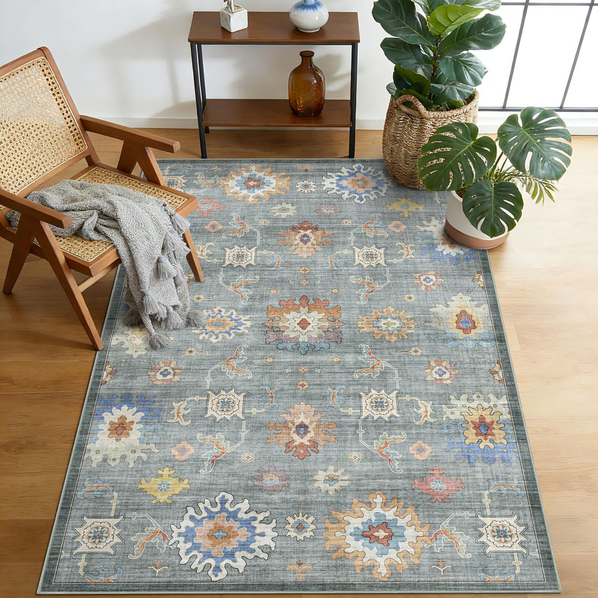 Washable Area Rug, Delft Blue Vintage Floral