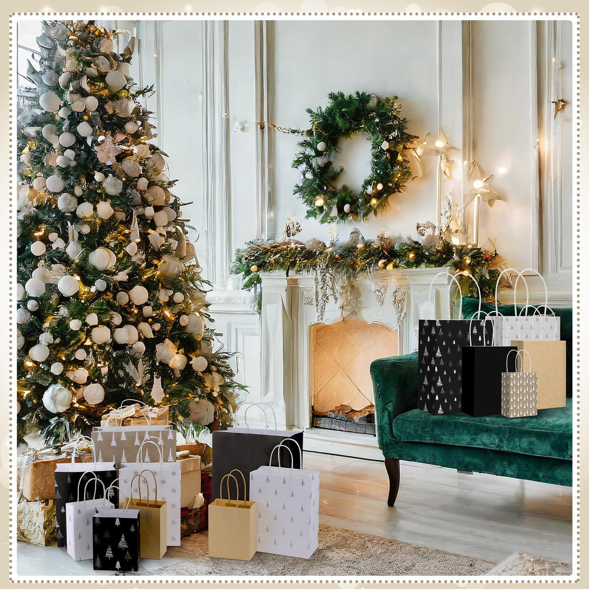 Blue Toile Christmas Kraft Gift Bags, Set of 18
