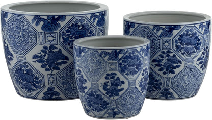 Blue and White Scenic Ceramic Planters, Set of 3