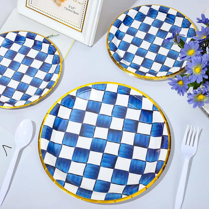 Blue and White Plaid Paper Plates, 48 Pieces
