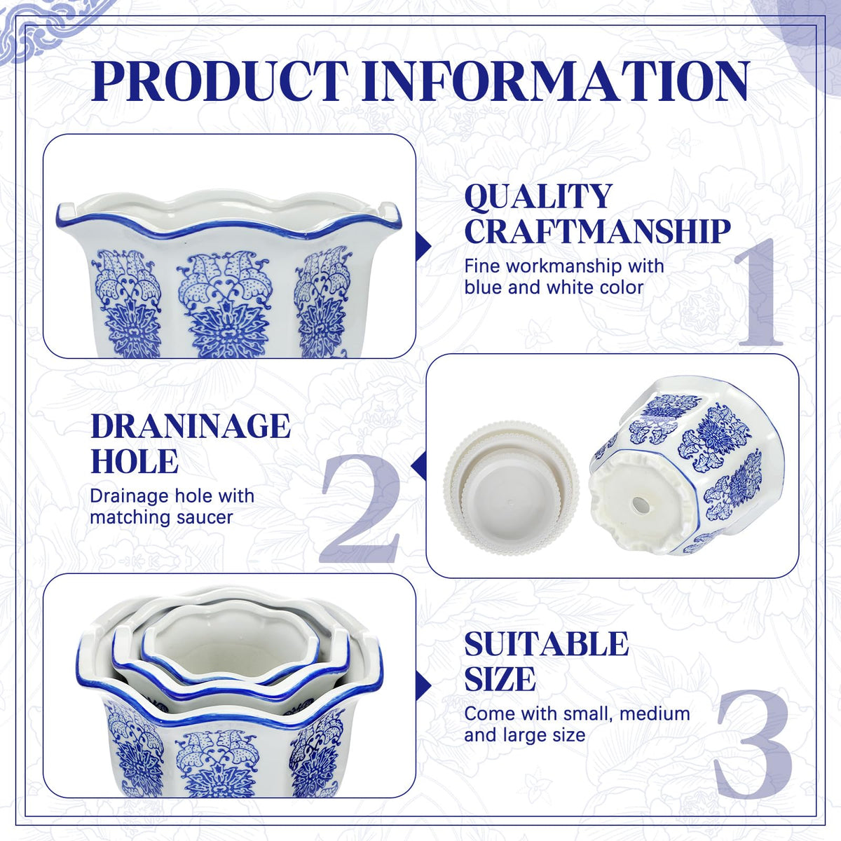 Blue and White Chinoiserie Planters with Saucers, Set of 3