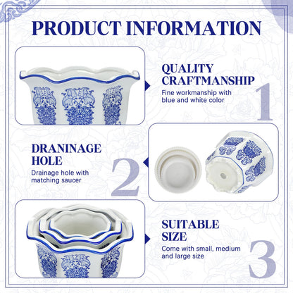 Blue and White Chinoiserie Planters with Saucers, Set of 3