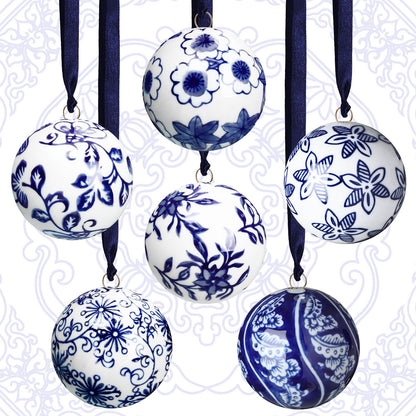 Blue and White Porcelain Christmas Balls, Set of 6 or 12