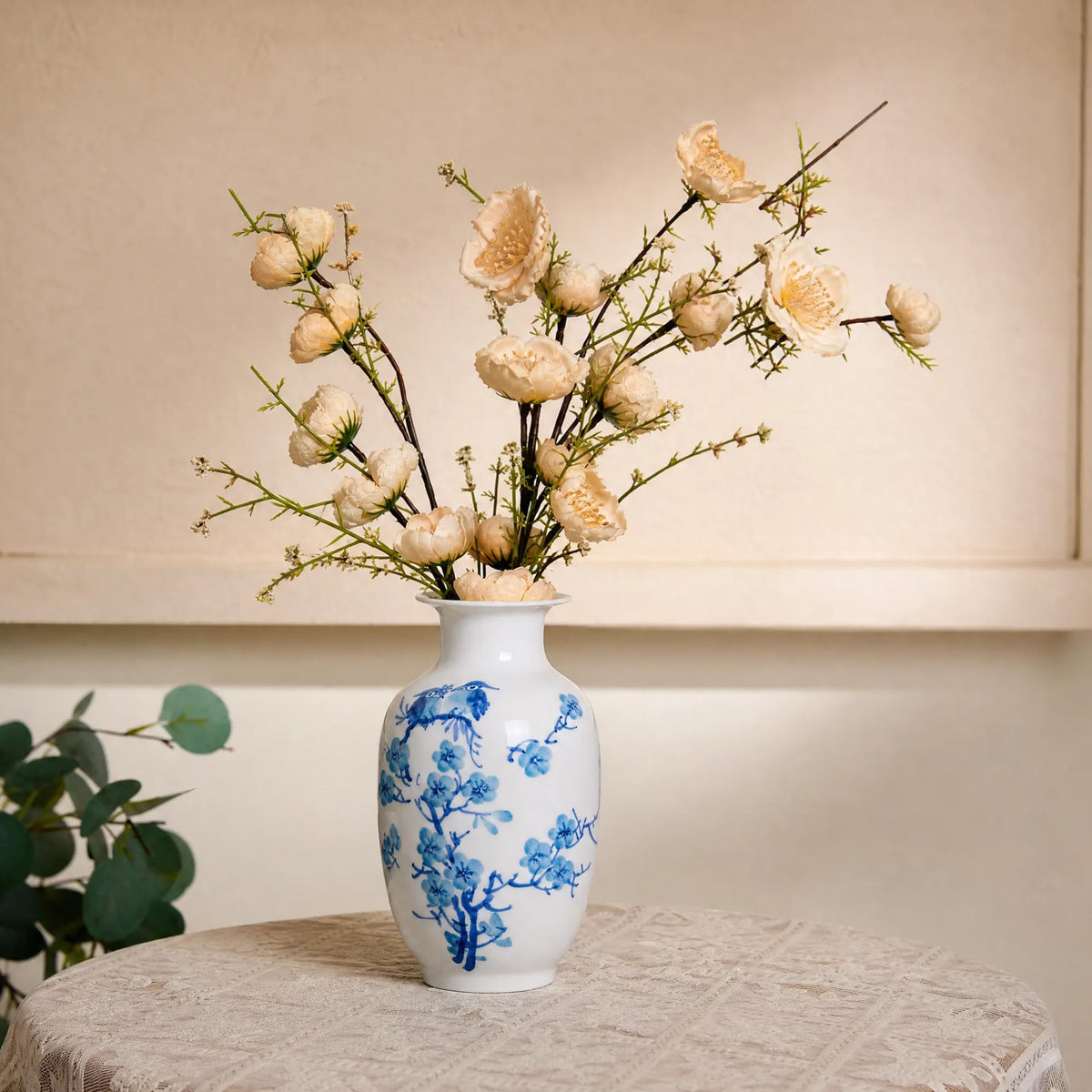 Blue and White Chinoiserie Vase, 8 or 9 Inch