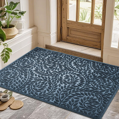 Blue Leaf Front Door Mat, Non-Slip Rubber