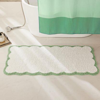 White Scalloped Bath Mat with Blue Piping