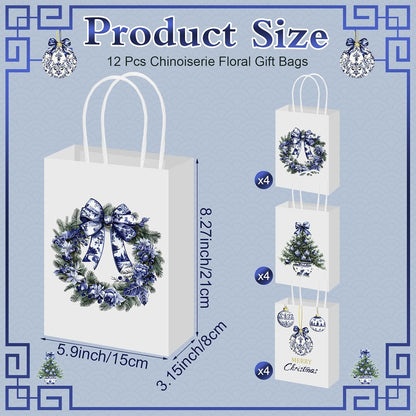 Blue Chinoiserie Floral Christmas Gift Bags, Set of 12