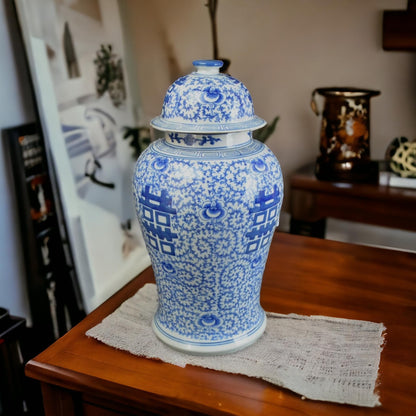 Blue and White Lotus Ginger Jar, 19 Inch