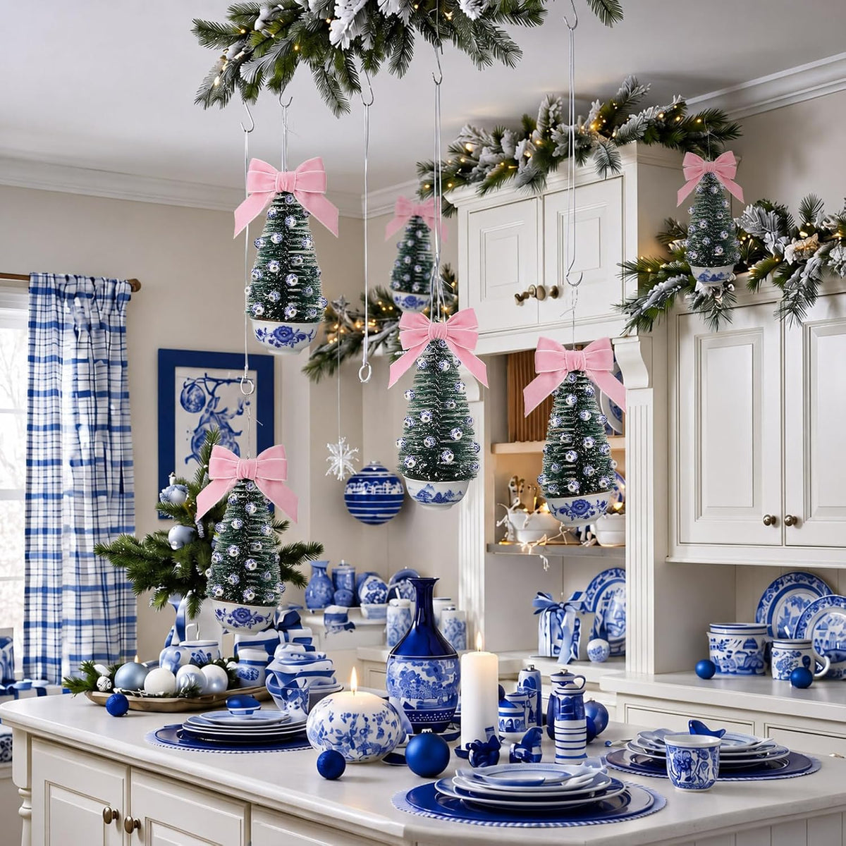 Blue and White Chinoiserie Topiary Ornaments, Set of 6