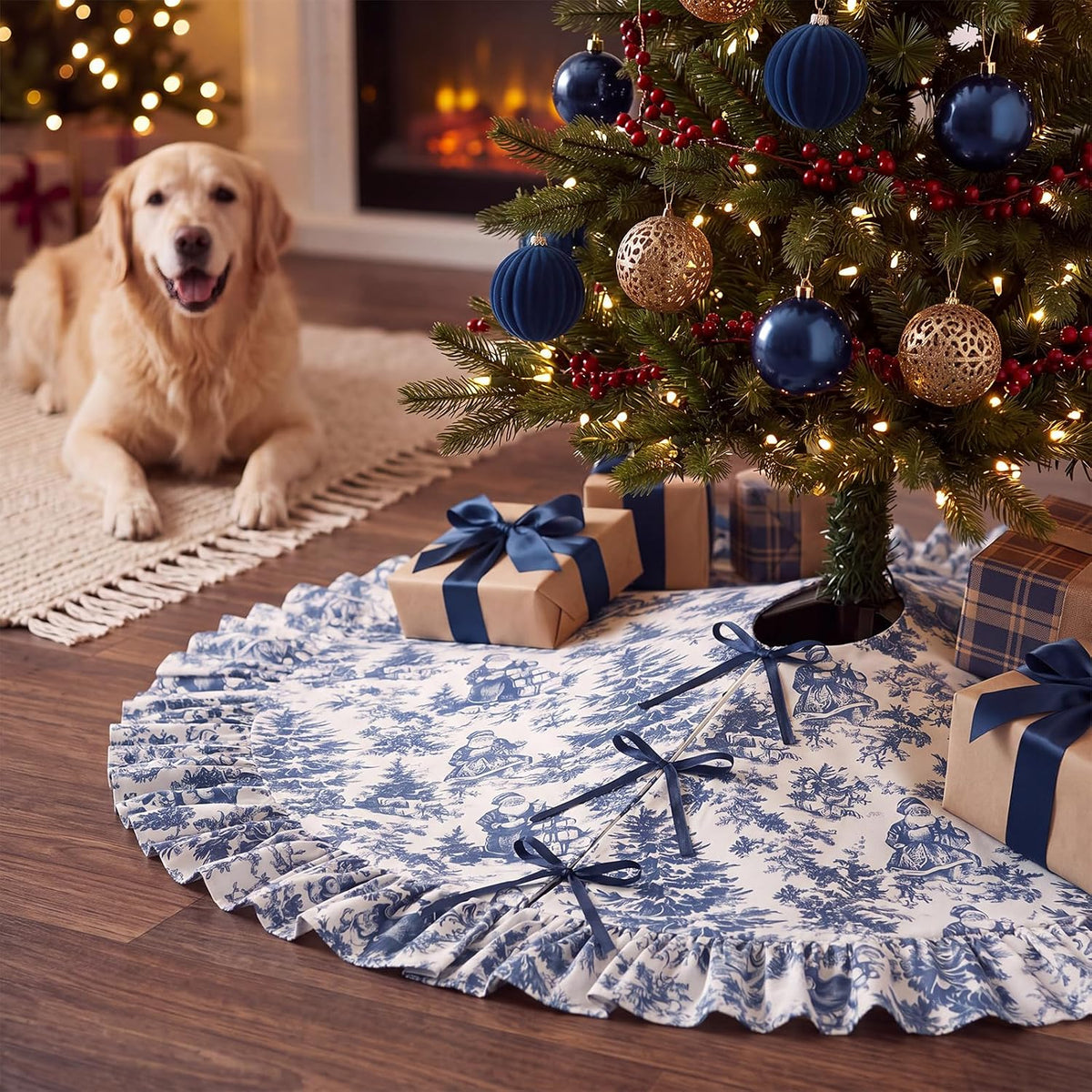 Blue Chinoiserie Christmas Tree Skirt, 48 Inch