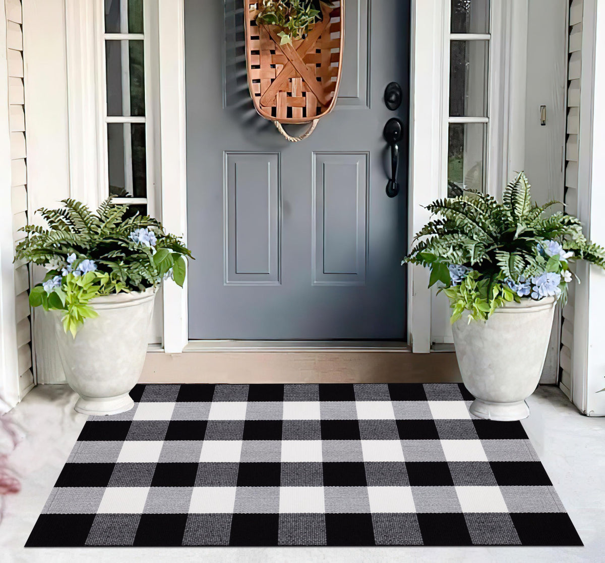 Light Blue Buffalo Plaid Cotton Door Mat, 24x35