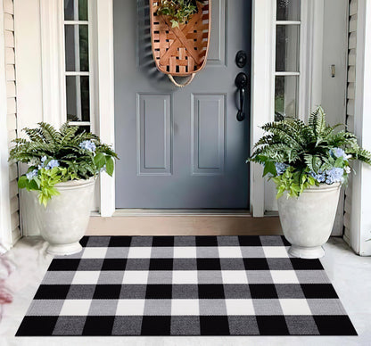 Light Blue Buffalo Plaid Cotton Door Mat, 24x35